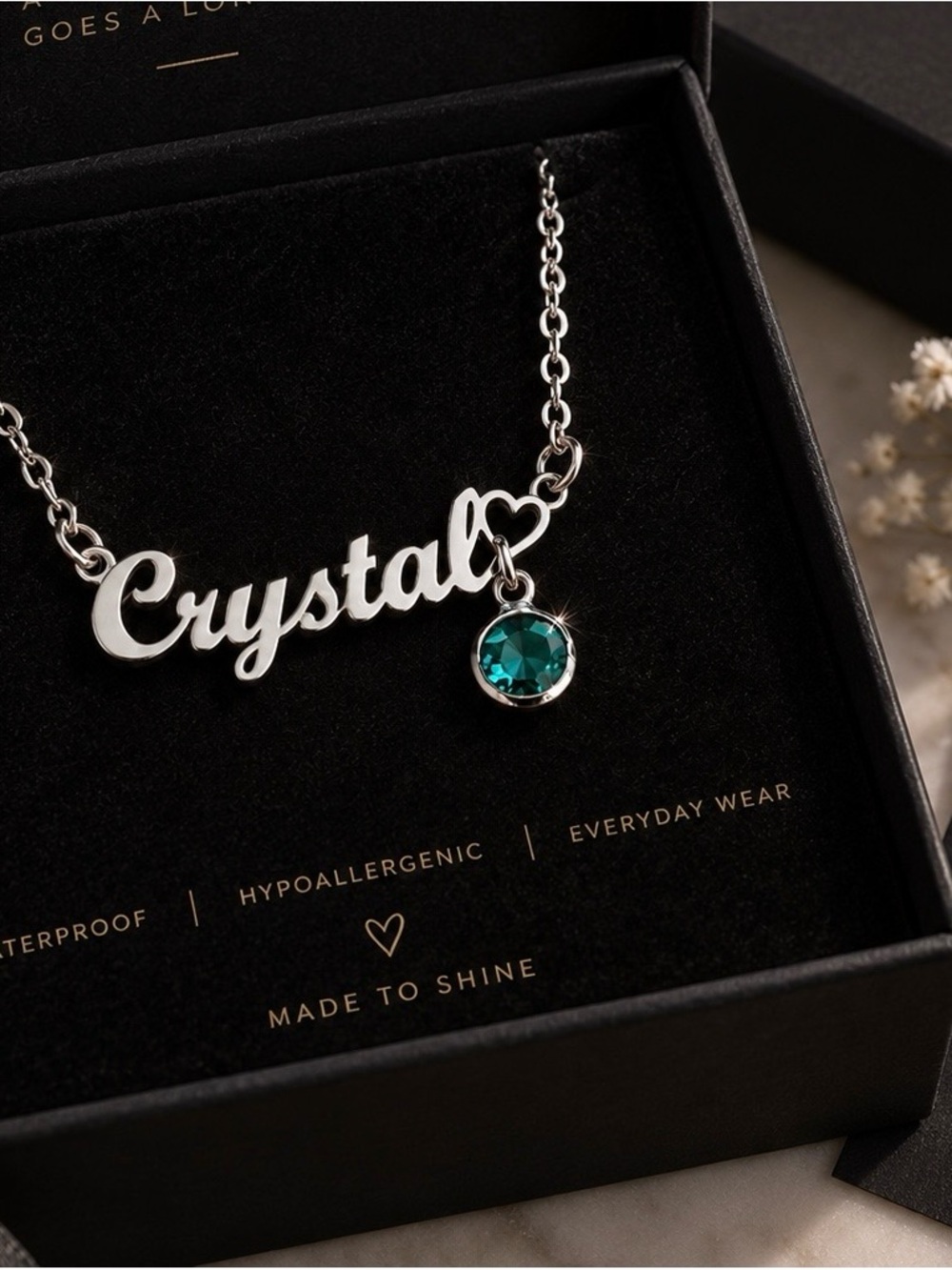 Crystal Personalized Name Necklace with Teal Pendant